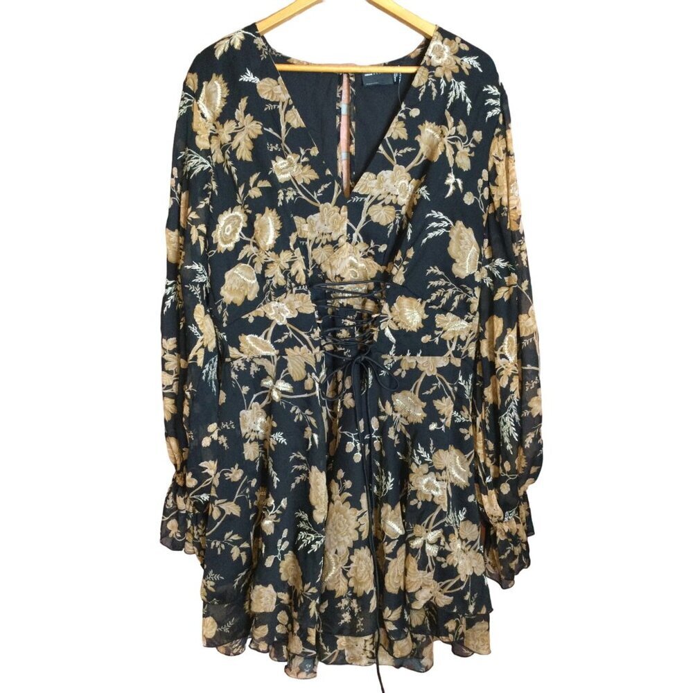 ASOS Black and Gold Floral Lace-Up Mini Dress